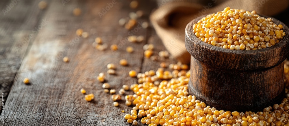 Poster Grain Mill with Corn Kernels on Rustic Wooden Surface Empty Space for Text and Background Use