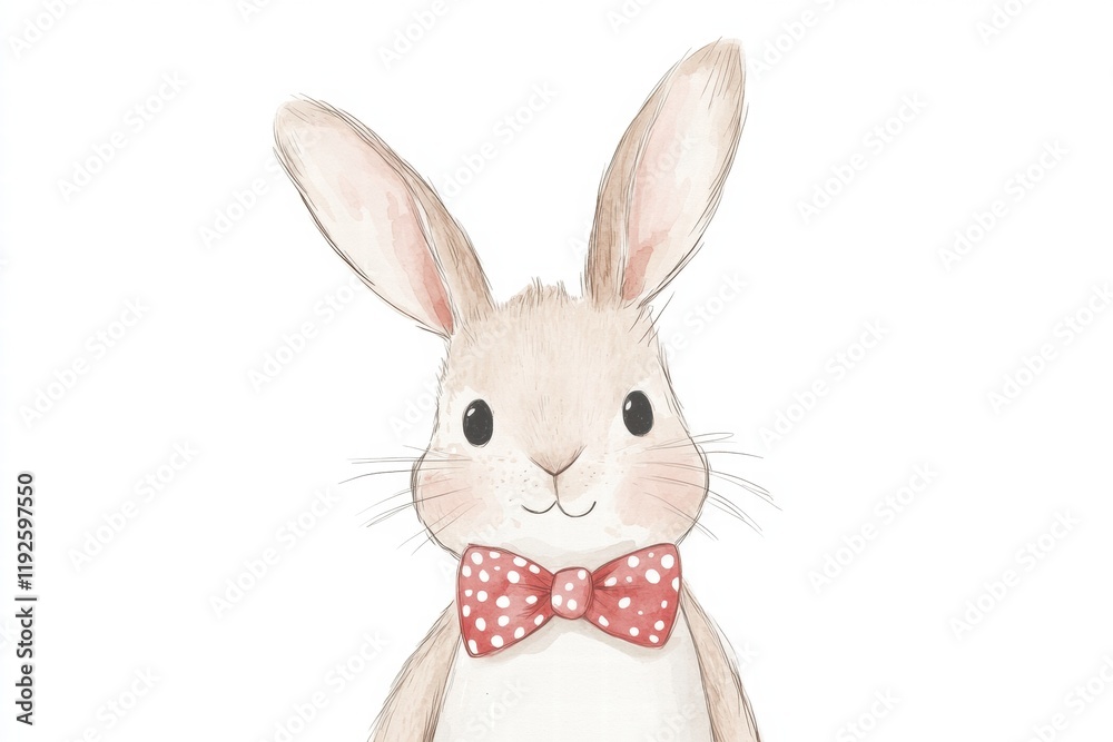 Poster Cute illustrated rabbit wearing a red polka dot bow tie with a friendly expression and fluffy ears. Generative AI