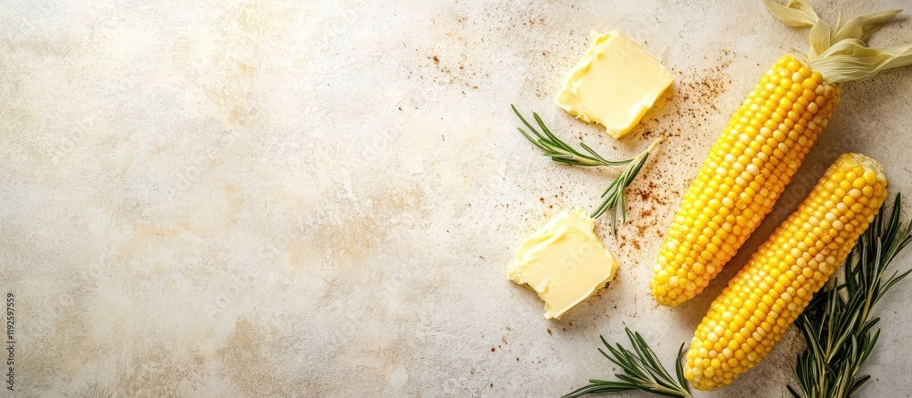 Poster Fresh corn on the cob with butter and rosemary arranged on a rustic background with space for text or product information