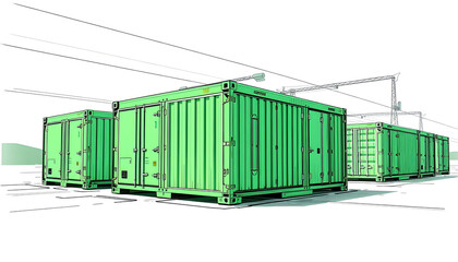 Obraz premium Grid energy storage containers visualized in a concept sketch in green colors. Essential parts of the future sustainable energy infrastructure, dramatic, with white tones