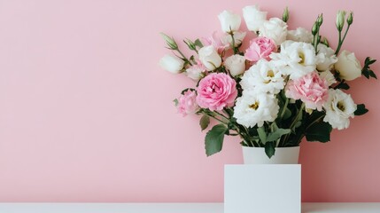 Fototapeta premium Elegant Floral Arrangement for Celebrations with Card Display on Pink Background