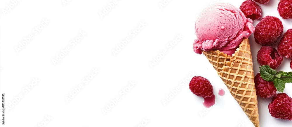 Poster raspberry ice cream cone with fresh berries and mint on a white background perfect for promotional t