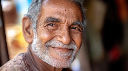 Elderly man with a warm smile showcasing wisdom and happiness in a close-up portrait against a blurred background.