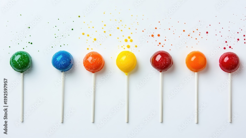 Poster vibrant rainbow lollipops displayed on white background with colorful splashes
