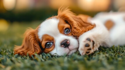 Playful Cavalier King Charles Spaniel puppy relaxing on grass with paws up showcasing adorable eyes and fluffy fur ideal for pet-themed designs