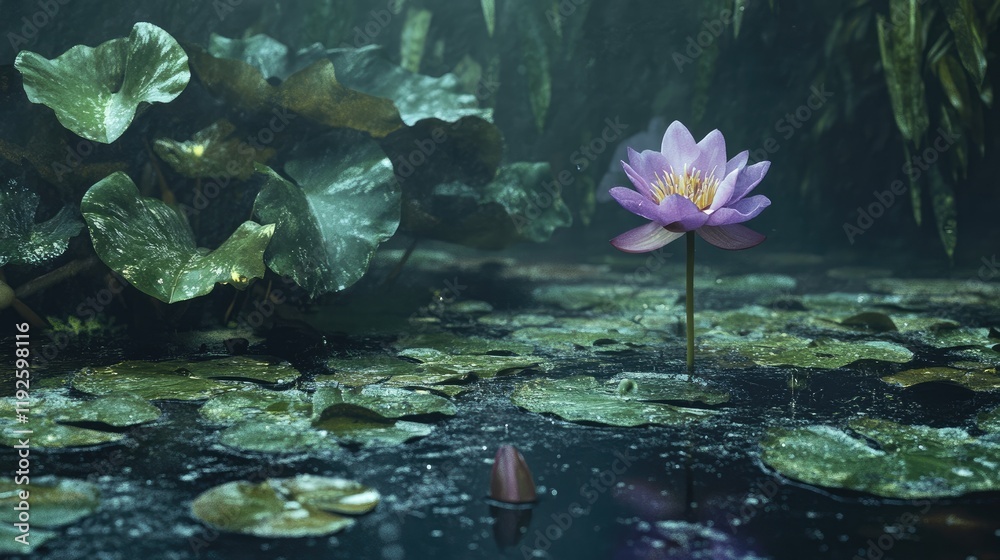 Poster serene water lily blooming amidst lush green lily pads in a tranquil pond setting with soft lighting