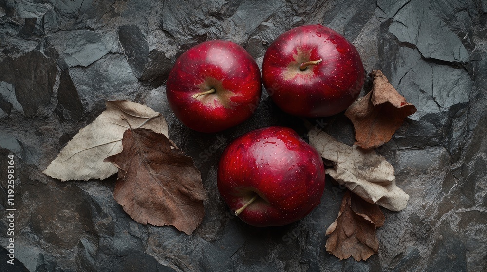 Aufkleber fresh red apples with dry leaves on a dark textured stone surface showcasing natural colors and text