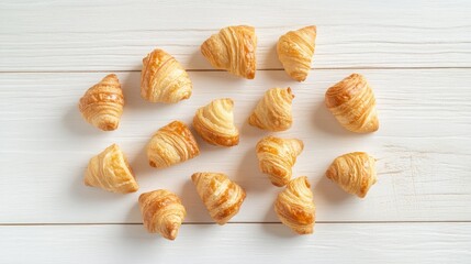 Freshly baked croissants arranged on a white wooden surface showcasing their flaky, golden layers and delicious texture.