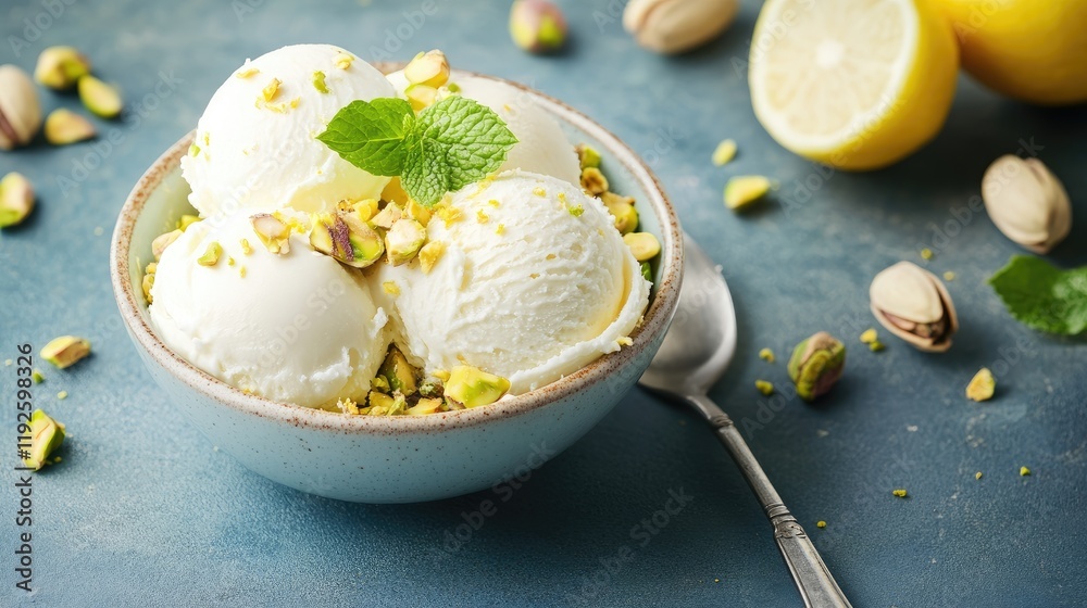 Aufkleber creamy vanilla lemon pistachio ice cream dessert in a bowl with mint and nuts on a textured backgrou
