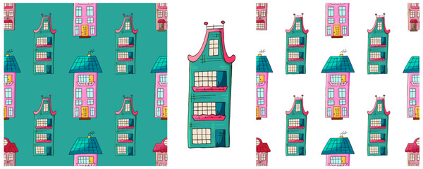 Fototapeta premium Houses. Set city seamless patterns. Pattern in hand draw style