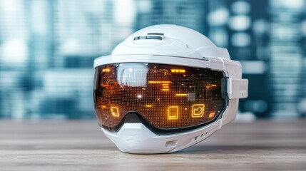 Fototapeta premium safety, security and certification concept Futuristic helmet with digital display