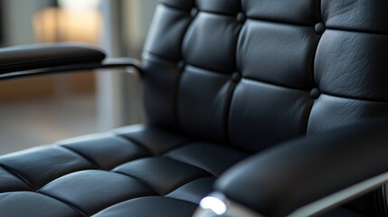 Obraz premium Close up of a luxurious black leather office chair showcasing its texture and stitching details for modern workplace decor