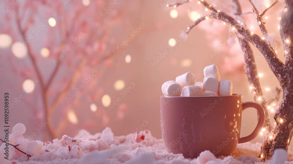 Poster cozy cup of cocoa topped with marshmallows beside a glowing tree in a warm, dreamy winter setting