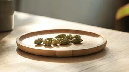 Cardamom Pods Decoratively Arranged on Wooden Plate in Bright Minimalist Kitchen Atmosphere