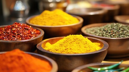 Indian Cuisine Cooking Demonstration with Colorful Spices in Wooden Bowls on a Kitchen Counter