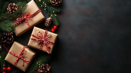 Cozy Christmas Background with Festive Gift Boxes Pine Cones and Decorative Elements