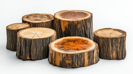 Cross section view of multiple tree stumps isolated on a clean background showcasing natural wood textures and rings