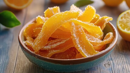 Candied citrus peel stacked in a rustic bowl surrounded by fresh citrus fruits on a wooden table.