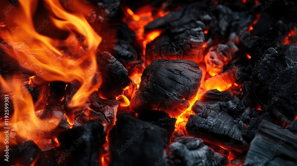 Poster closeup of intense flames and glowing embers on dark charcoal surface with textured background captu