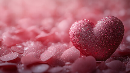 Obraz premium Romantic Valentine's Day Background with Dewy Red Heart and Petals
