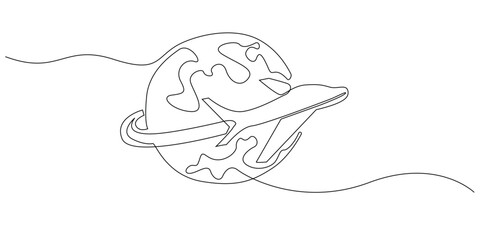 Obraz premium continuous line drawing of plane around the world.one line drawing of plane and world.one line vector holiday concept.single line vector illustration.isolated white background