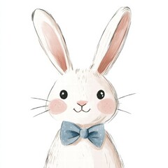 Obraz premium Cute illustrated rabbit wearing a blue bow tie with a cheerful expression in a simple style. Generative AI