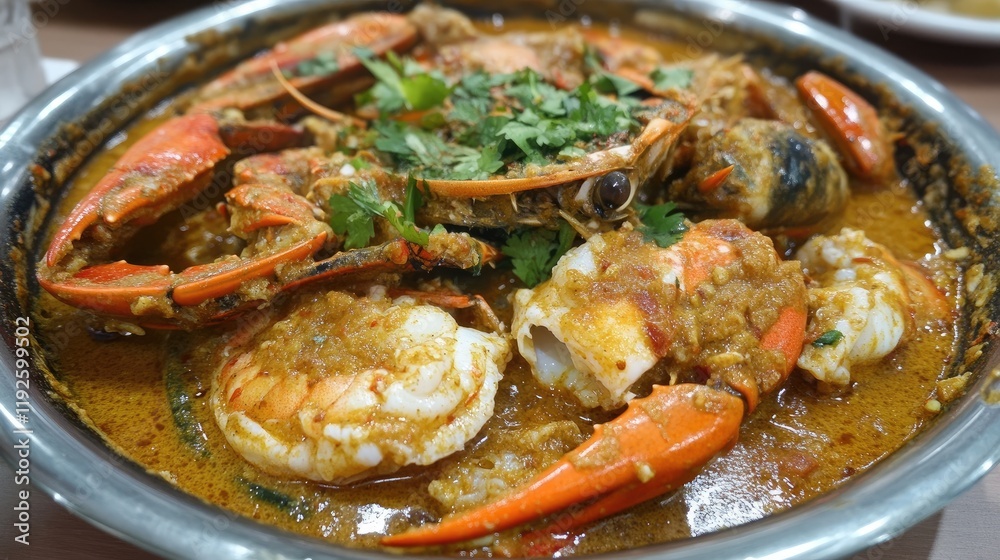 Aufkleber seafood coconut curry with shrimp and clams in rustic setting nutrient rich healthy dish flavorful m