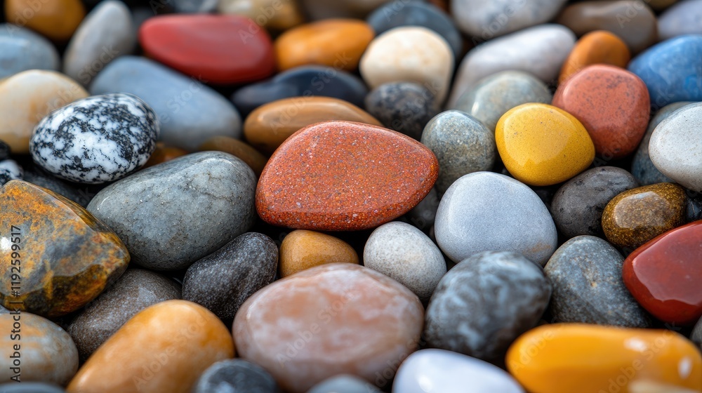 Poster colorful smooth stones arranged in a scattered pattern with a focus on a central stone displaying a 