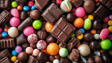 Colorful assortment of candies and chocolates highlighting the negative impact of sugar on skin health and wellness