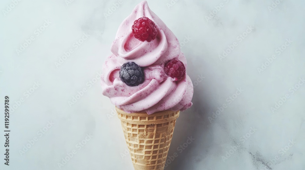 Aufkleber artisanal vanilla greek yogurt ice cream cone topped with fresh berries on a light gray background o