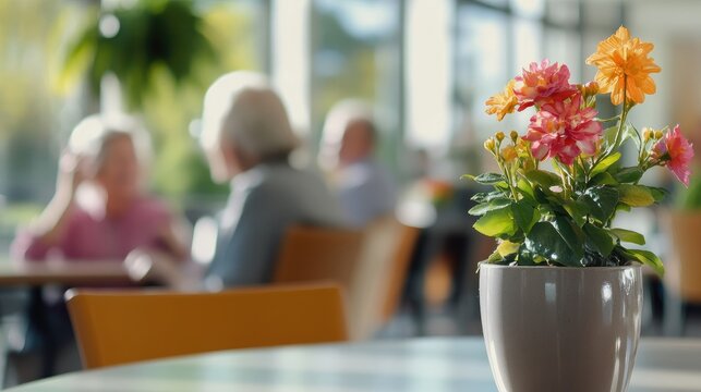 Vibrant assisted living community with engaged residents and colorful flower centerpiece in bright common area with blurred background