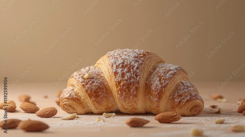 Poster Almond croissant on a textured surface with scattered almonds and soft lighting for a warm and inviting bakery scene