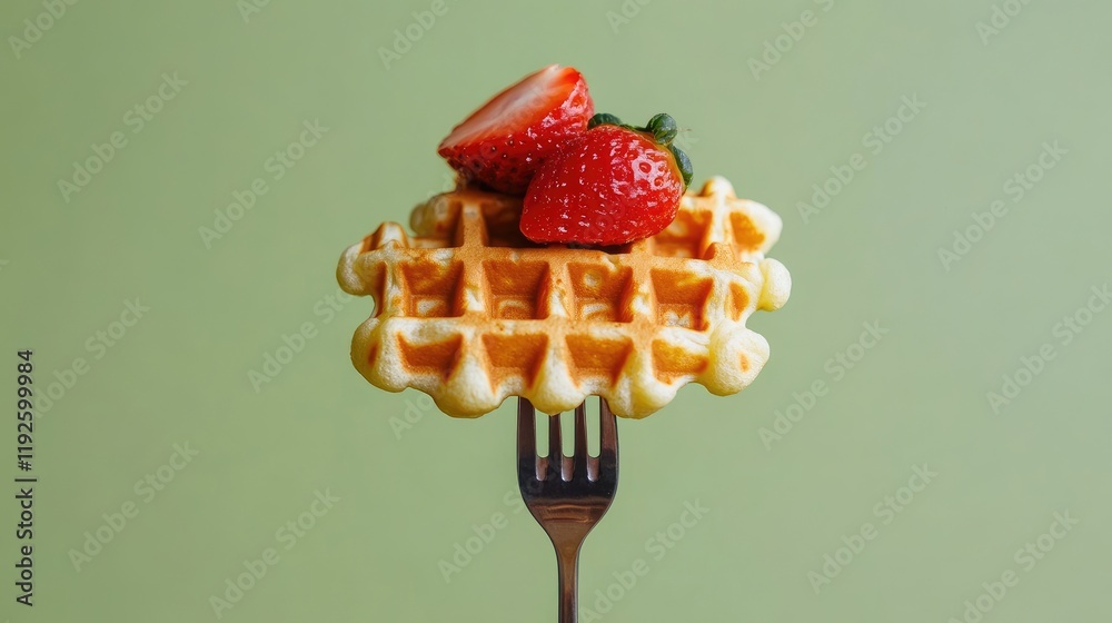 Poster waffles topped with fresh strawberries on a fork against a vibrant green background ideal for food-r