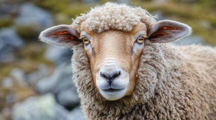 Portrait of a sheep with curly wool in a serene mountain pasture setting showcasing its curious expression amidst natural surroundings