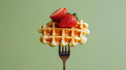 Waffles topped with fresh strawberries on a fork against a vibrant green background ideal for food-related content and advertisements.