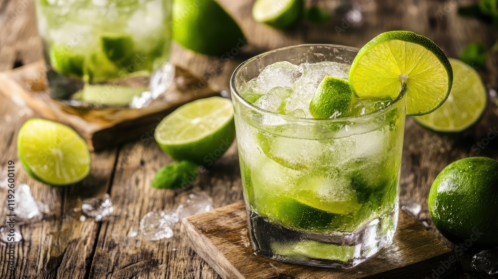 Poster refreshing caipirinha cocktail with lime served on wooden coasters with ice and fresh limes on rusti