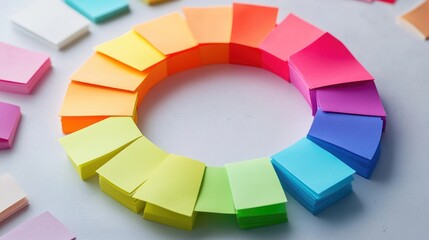 Obraz premium Rainbow circle of sticky notes on light background symbolizing creativity collaboration brainstorming diversity and inclusion in planning processes