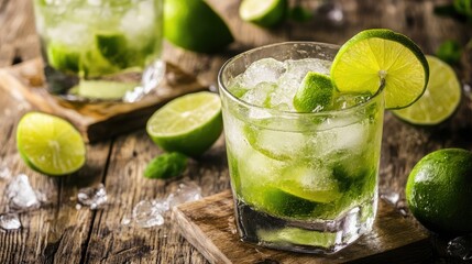 Fototapeta premium Refreshing caipirinha cocktail with lime served on wooden coasters with ice and fresh limes on rustic table background