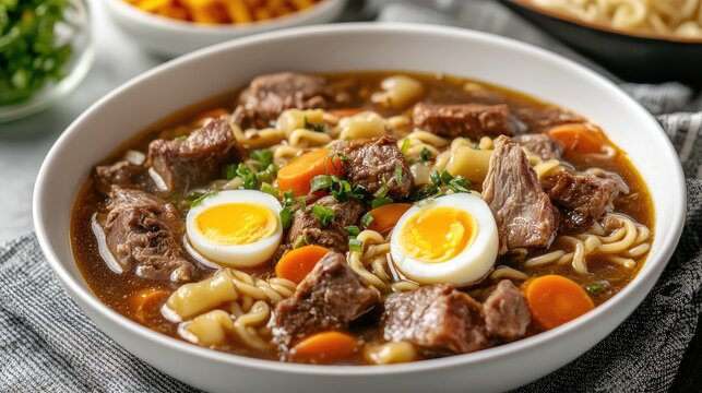 Close up of hearty Filipino pork mami noodle soup with hard boiled eggs served in a white bowl perfect for breakfast or comfort food cravings