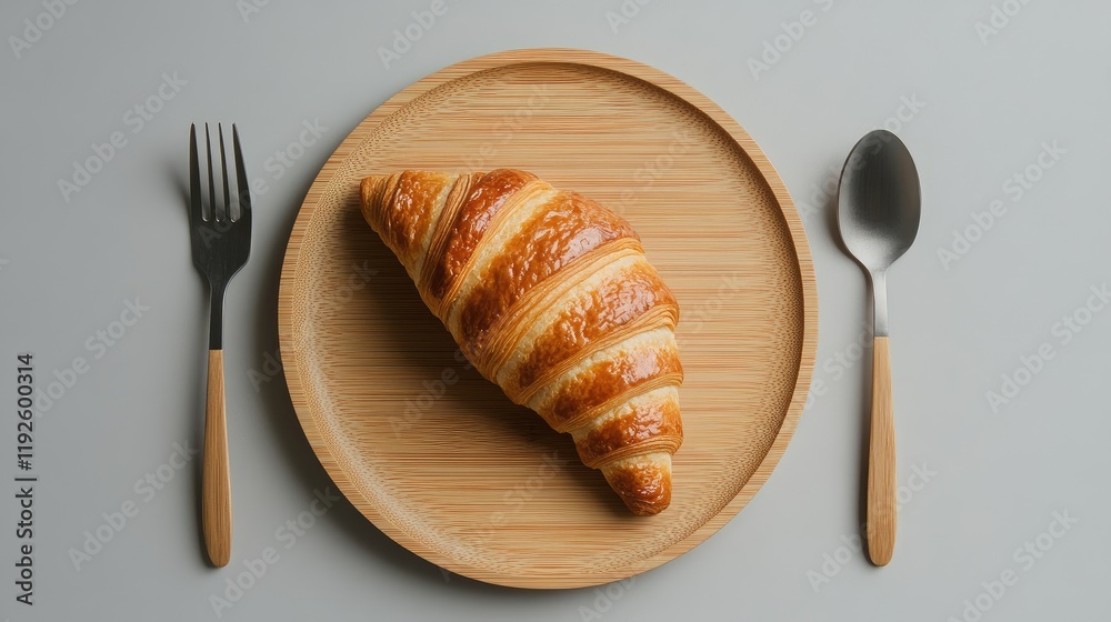 Poster freshly baked croissant on a bamboo plate with minimalist spoon and fork for an elegant breakfast se