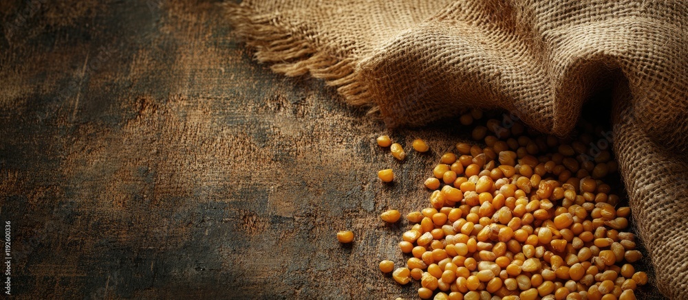 Leinwandbilder corn kernels spilling from a burlap sack on a rustic wooden background with space for text showcasin