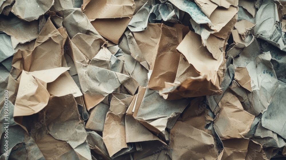 Poster crushed paper texture pile of old folded and stacked papers in neutral tones for background or desig