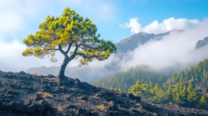 Canarian pine tree on volcanic landscape with misty mountains in background under clear blue sky in natural monument setting.