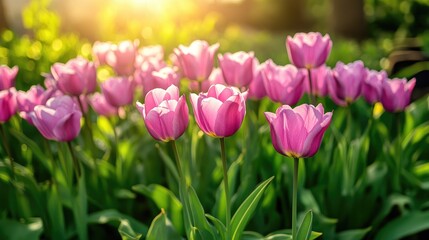 Fototapeta premium Violet tulips blooming in sunlight surrounded by lush greenery capturing the essence of a vibrant spring garden landscape