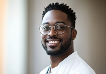 Fototapeta premium Portrait of a handsome African American male doctor in a white coat with glasses, standing in a hospital and looking at the camera while smiling.