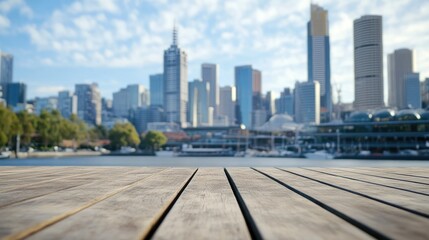 Naklejka premium Wooden Tabletop with Urban Skyline Background in Soft Focus for Product Display and Advertising Concepts