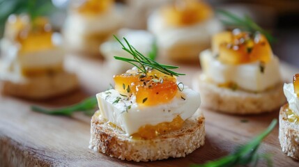 Gourmet Cheese CanapÃ©s Topped with Jellied Fruit and Fresh Herbs on a Wooden Serving Board