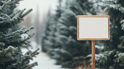 Blank wooden sign in a snowy fir tree forest with space for text during winter season peaceful and serene background for seasonal messaging