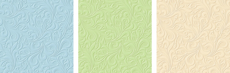 Seamless floral patterns. Set of blue, green, and beige embossed patterns. Vector seamless backgrounds