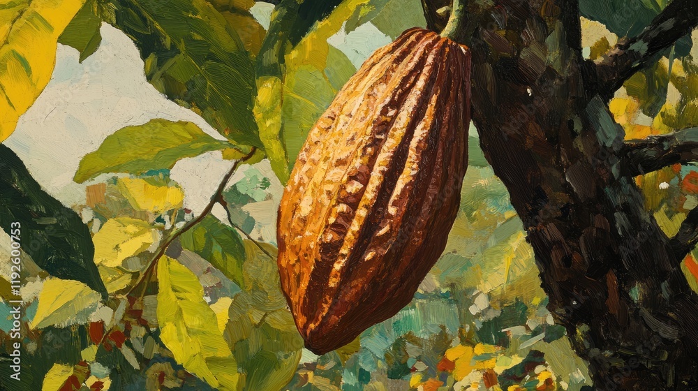 Poster cocoa pod hanging from a tree branch surrounded by vibrant green leaves in a lush tropical setting